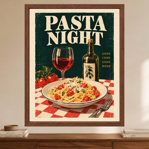 Pasta Night Poster, Retro Italian Kitchen Art, Wine & Olive Oil Print (Digital Download) image 2