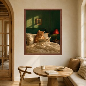 Cat Reading Wall Art, Orange Tabby in Bed, Whimsical Book Lover Print, Digital Download image 6