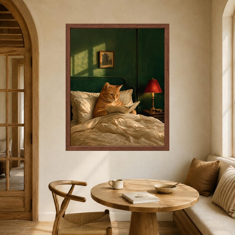 Cat Reading Wall Art, Orange Tabby in Bed, Whimsical Book Lover Print, Digital Download image 6