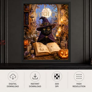 May include: A framed digital art print titled The Witch Cat featuring a black cat wearing a purple witch hat and cape, reading an open book. The scene includes a glowing jack-o'-lantern, glass bottles, candles, and a full moon background.