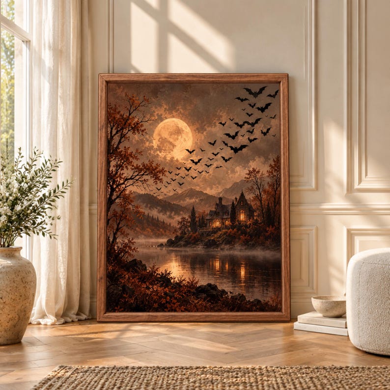 Framed gothic Halloween wall art showing a haunted lakeside house beneath a glowing full moon with flying bats, autumn trees, mountains and warm reflections on dark water.