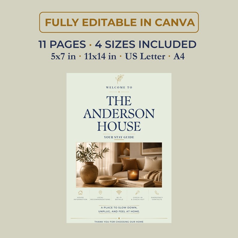 May include: A digital welcome guide template titled The Anderson House, featuring 11 pages in 12.7x17.8 cm, 27.9x35.6 cm, 21.6x27.9 cm, and 21x29.7 cm sizes. The design includes a photo of a living room, icons for house information, and editable text fields.