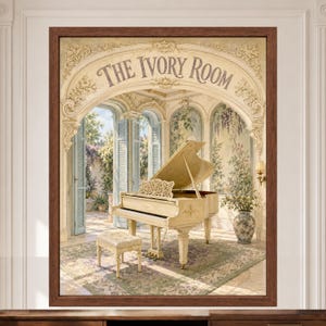 May include: A framed wall art print titled The Ivory Room, featuring an ornate archway leading to a sunlit garden. A cream-coloured grand piano sits on a patterned rug with a matching bench. The scene includes detailed wall murals and a ceramic vase.