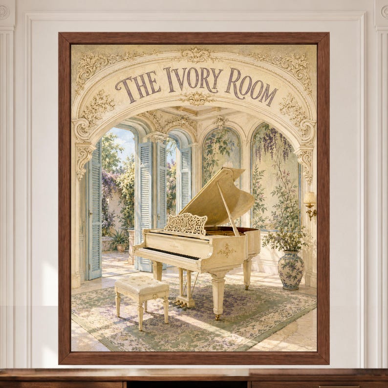 May include: A framed wall art print titled The Ivory Room, featuring an ornate archway leading to a sunlit garden. A cream-coloured grand piano sits on a patterned rug with a matching bench. The scene includes detailed wall murals and a ceramic vase.