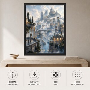 Pu&ograve; includere: Una stampa artistica da parete incorniciata che raffigura una citt&agrave; fantastica chiamata NEBIAH, City of Bridges Above the Clouds, con alte torri in pietra, ponti ad arco e strutture luminose immerse tra nuvole bianche e acqua blu.