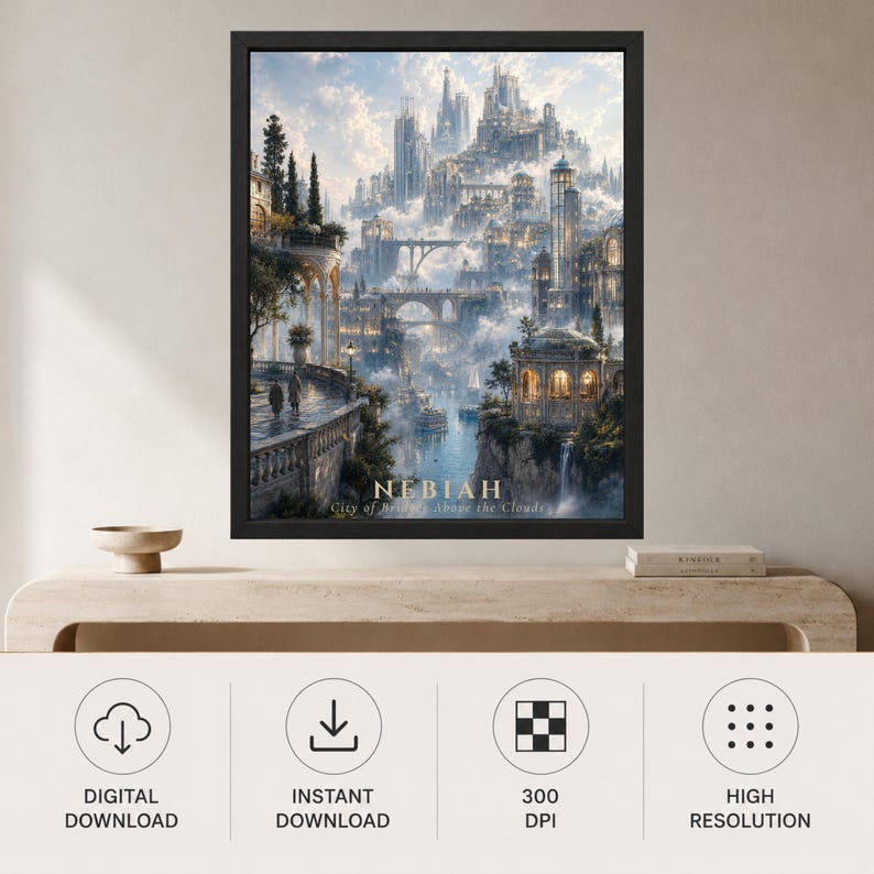 Pu&ograve; includere: Una stampa artistica da parete incorniciata che raffigura una citt&agrave; fantastica chiamata NEBIAH, City of Bridges Above the Clouds, con alte torri in pietra, ponti ad arco e strutture luminose immerse tra nuvole bianche e acqua blu.