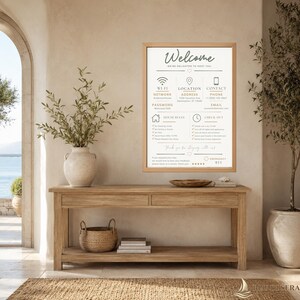 May include: A rectangular framed sign with a light wood border featuring black text on a white background. The sign displays welcome information, Wi-Fi details, location, contact info, house rules, and check-out instructions for guests.