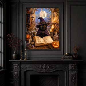 May include: A framed wall art print titled The Witch Cat featuring a black cat wearing a purple witch hat and cape, reading an open book. The scene includes glowing candles, glass potion bottles, and a carved jack-o'-lantern on a wooden table.