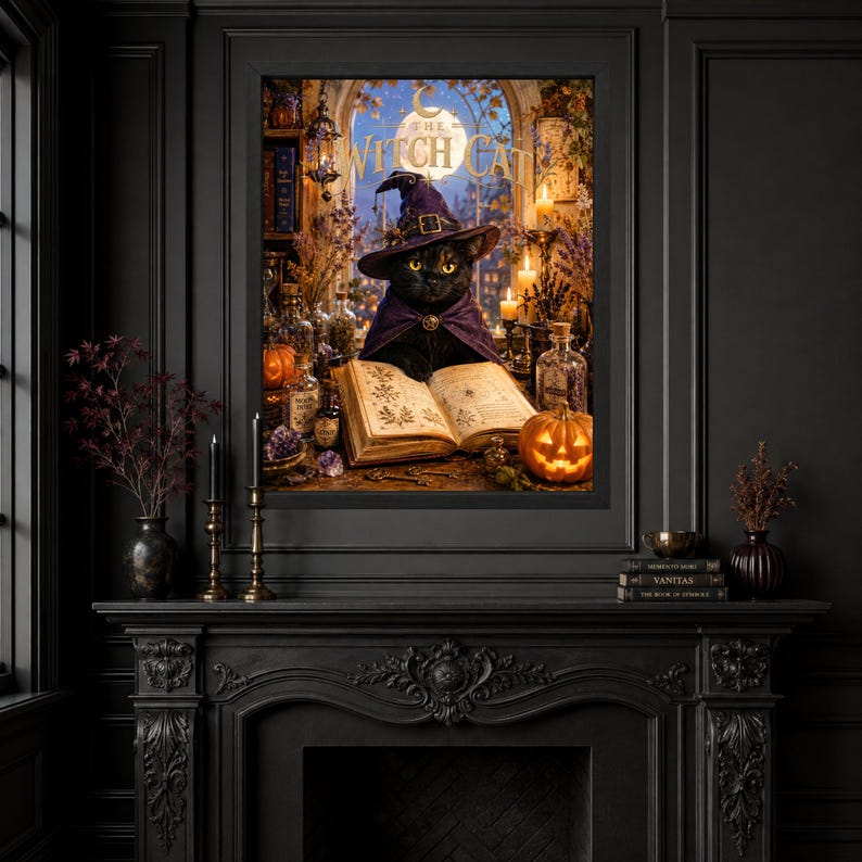 May include: A framed wall art print titled The Witch Cat featuring a black cat wearing a purple witch hat and cape, reading an open book. The scene includes glowing candles, glass potion bottles, and a carved jack-o'-lantern on a wooden table.