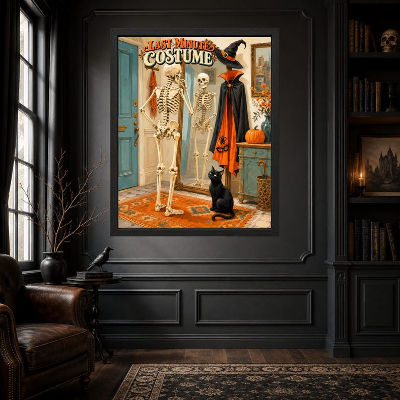 May include: A framed wall art print titled LAST MINUTE COSTUME featuring a skeleton standing before a mirror, a black cat sitting on an orange rug, a witch hat, a black and orange cape, and a pumpkin on a wooden cabinet in a room.