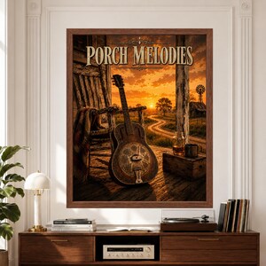 Framed Porch Melodies wall art featuring a weathered resonator guitar resting beside an old rocking chair on a rustic farmhouse porch overlooking a winding country road, barn, windmill and glowing orange sunset above a record player console.