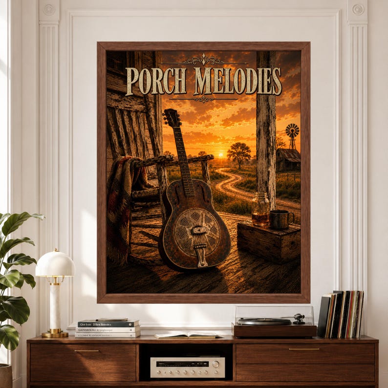 Framed Porch Melodies wall art featuring a weathered resonator guitar resting beside an old rocking chair on a rustic farmhouse porch overlooking a winding country road, barn, windmill and glowing orange sunset above a record player console.