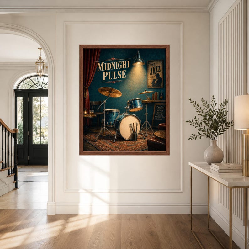 May include: A framed wall art print titled Midnight Pulse featuring a blue drum kit on a patterned rug. The scene includes a red curtain, a spotlight, and a sign that reads Love Jazz. The artwork depicts a musical setting with a drum set.