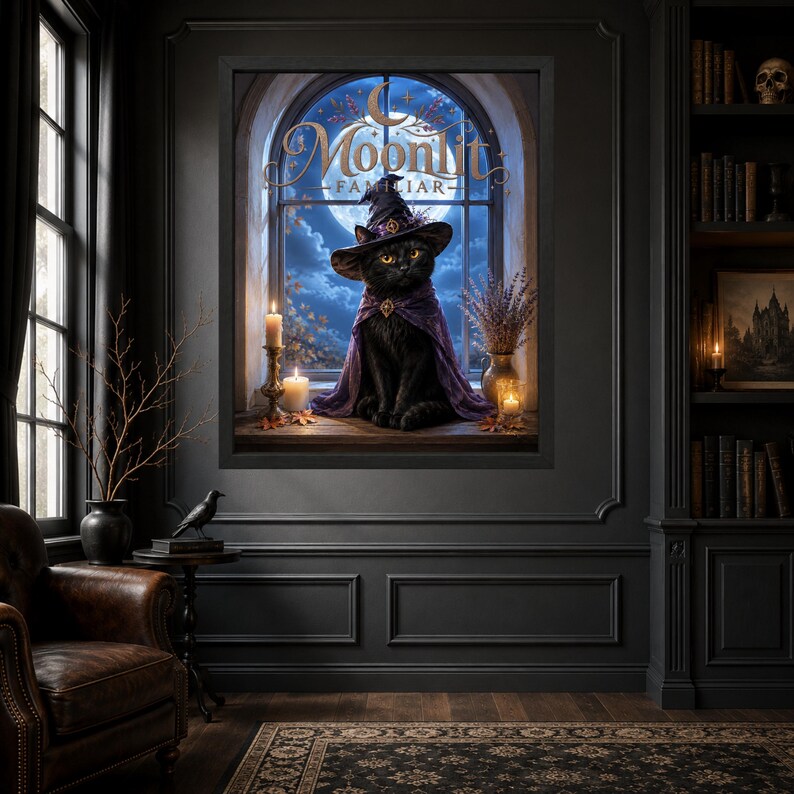 K&ouml;nnte beinhalten: Ein gerahmter Kunstdruck mit dem Titel Moonlit Familiar, der eine schwarze Katze mit violettem Hexenhut und Umhang zeigt, die auf einem Fensterbrett vor einem Vollmond sitzt. Zwei brennende Kerzen und eine Vase mit getrocknetem Lavendel stehen daneben.