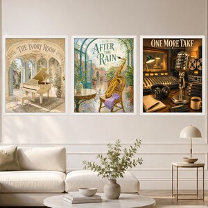 May include: Three framed wall art prints. The left print shows a white grand piano in a room with the text THE IVORY ROOM. The middle print depicts a saxophone on a chair with the text AFTER THE RAIN. The right print shows a microphone and studio gear with the text ONE MORE TAKE.