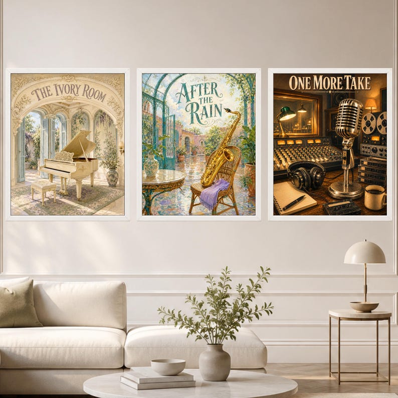 May include: Three framed wall art prints. The left print shows a white grand piano in a room with the text THE IVORY ROOM. The middle print depicts a saxophone on a chair with the text AFTER THE RAIN. The right print shows a microphone and studio gear with the text ONE MORE TAKE.