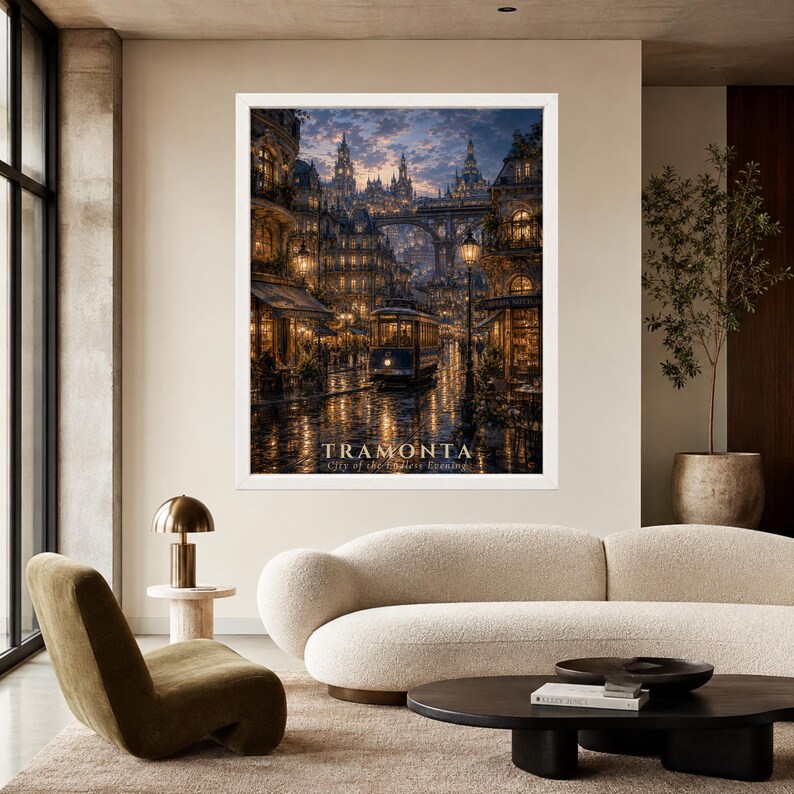 Puede incluir: Una impresi&oacute;n de arte enmarcada que muestra una escena callejera urbana oscura y atmosf&eacute;rica al atardecer con un tranv&iacute;a antiguo, farolas brillantes y arquitectura ornamentada. El texto TRAMONTA City of the Timeless Evening aparece en la parte inferior.