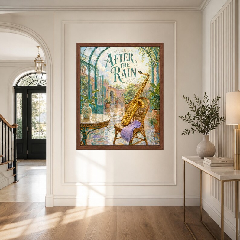 May include: A framed wall art print titled After the Rain, featuring a golden saxophone resting on a wicker chair with a purple cloth. The scene depicts a sunlit courtyard with a round table, potted plants, and arched glass doors in the background.