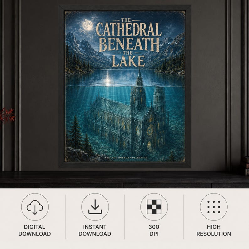 May include: A framed wall art print titled The Cathedral Beneath The Lake, featuring a dark, gothic cathedral submerged in deep blue water beneath a moonlit mountain landscape with pine trees and the text Vintage Horror Collection at the bottom.