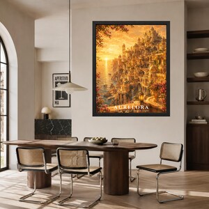 May include: A framed wall art print featuring a golden sunset over a coastal city with intricate architecture, hanging on a wall. The text "AURELORA City of Ethereal Golden Light" is printed at the bottom of the artwork in a clean white font.