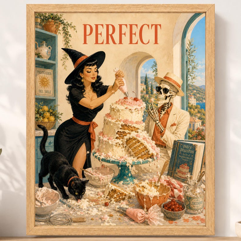 May include: A framed art print titled PERFECT featuring a witch in a black dress and hat decorating a multi-tiered cake alongside a skeleton wearing a hat and sunglasses. A black cat stands on the table near bowls of ingredients and a book.