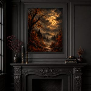 Cuadro decorativo de bosque con luna llena, paisaje otoñal gótico, lámina de murciélago espeluznante de Halloween, descarga digital. imagen 3