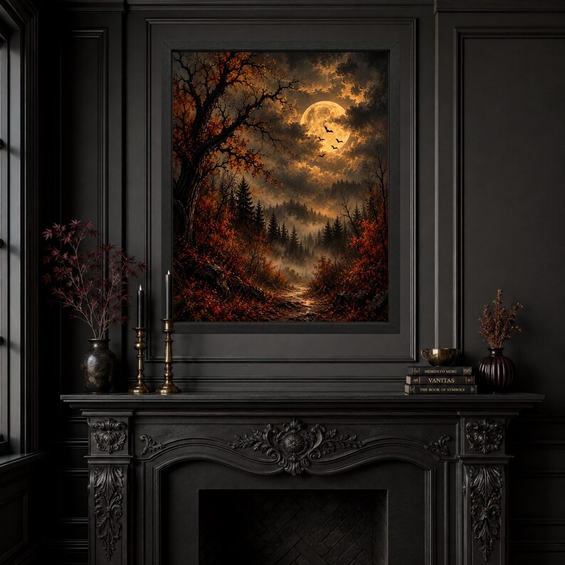 Cuadro decorativo de bosque con luna llena, paisaje otoñal gótico, lámina de murciélago espeluznante de Halloween, descarga digital. imagen 3