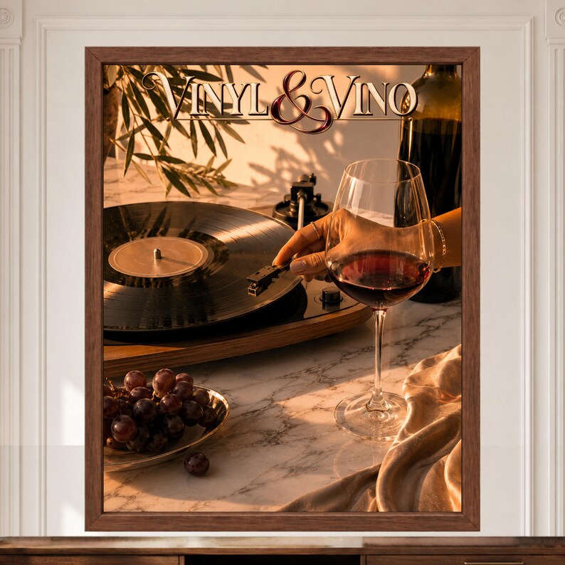 May include: A framed wall art print titled VINYL & VINO featuring a black vinyl record on a turntable, a glass of red wine, and a small bowl of purple grapes. The scene is illuminated by warm, golden sunlight, creating a cosy atmosphere.