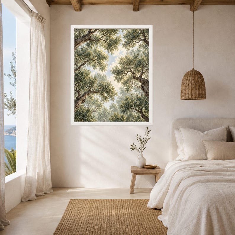 Stampa di un uliveto mediterraneo, prospettiva verso l'alto, paesaggio botanico verdeggiante (download digitale) immagine 5