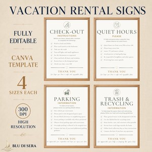May include: Four rectangular vacation rental signs in wooden frames with black text on a white background. The signs feature headings for Check-Out Instructions, Quiet Hours, Parking Information, and Trash & Recycling, including icons and checklists.