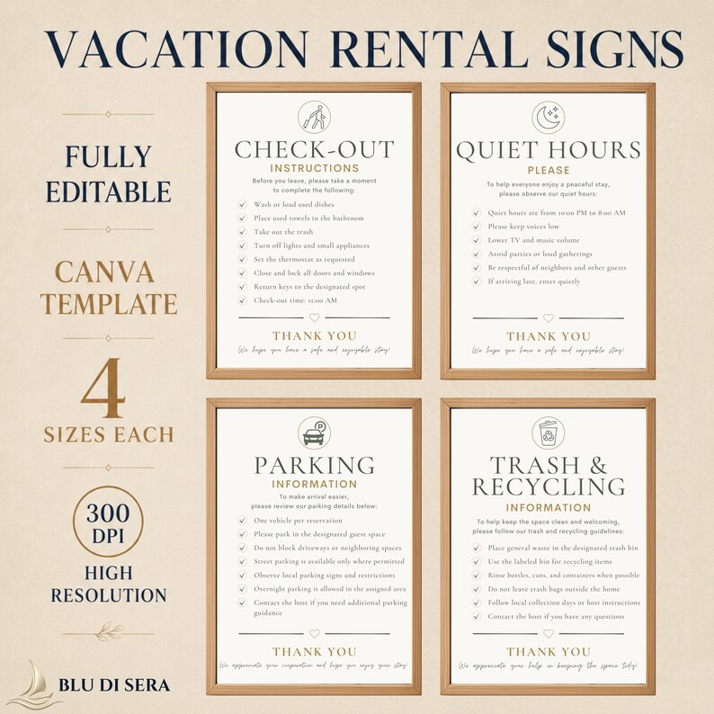 May include: Four rectangular vacation rental signs in wooden frames with black text on a white background. The signs feature headings for Check-Out Instructions, Quiet Hours, Parking Information, and Trash & Recycling, including icons and checklists.