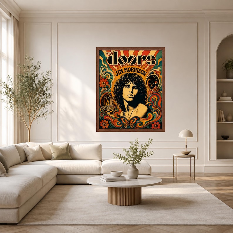 May include: A framed rectangular wall poster featuring a portrait of Jim Morrison from The Doors. The artwork uses a vibrant colour palette of orange, red, teal, and yellow with swirling psychedelic patterns, floral motifs, and a butterfly.