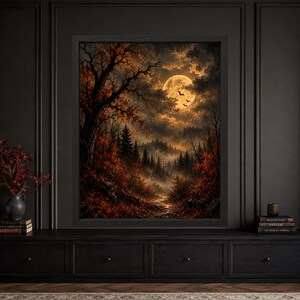 Cuadro decorativo de bosque con luna llena, paisaje otoñal gótico, lámina de murciélago espeluznante de Halloween, descarga digital. imagen 9