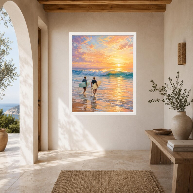 May include: A framed wall art print depicting two individuals carrying surfboards into the ocean at sunset. The scene features golden and orange hues reflecting on the water, with a breaking wave in the background under a vibrant, cloudy sky.