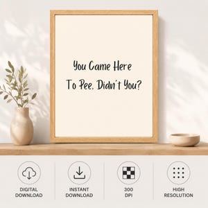 May include: A framed wall art print with a light cream background and black text that reads, You Came Here To Pee, Didn't You? The frame is made of light-colored wood. The print is displayed on a wooden shelf next to a small vase and a bowl.