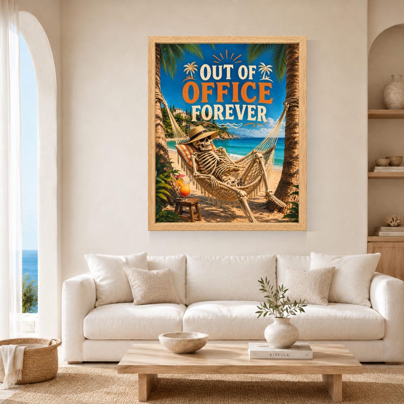 Póster divertido de esqueleto en hamaca de playa, arte de vacaciones tropicales (descarga digital) imagen 3