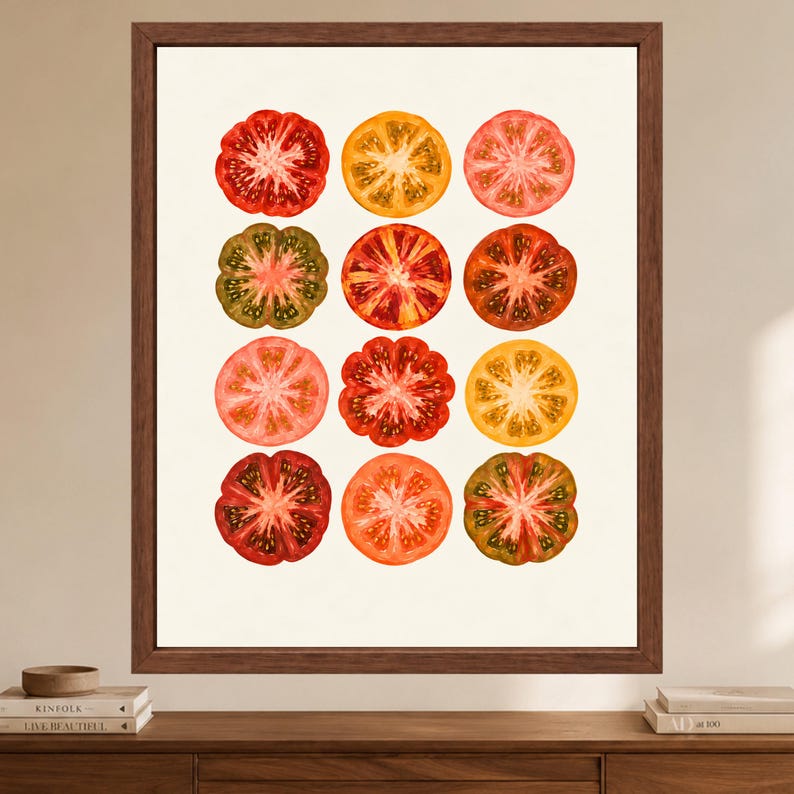 Tomatväggkonst, färgglatt kökstryck, arvegods-tomataffisch, retro matdekor, digital nedladdning bild 2
