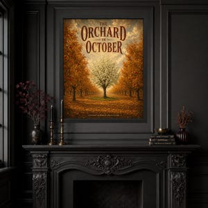 May include: A framed wall art print titled The Orchard in October, featuring a central white tree surrounded by rows of orange autumn trees under a cloudy sky. The text The Orchard in October and Vintage Horror Collection is printed on the image.