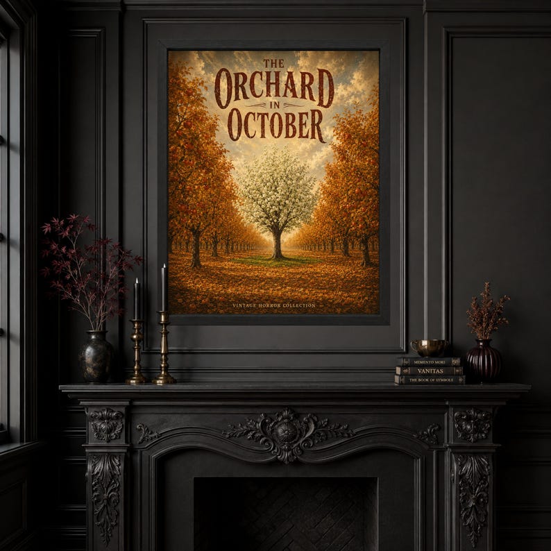 May include: A framed wall art print titled The Orchard in October, featuring a central white tree surrounded by rows of orange autumn trees under a cloudy sky. The text The Orchard in October and Vintage Horror Collection is printed on the image.