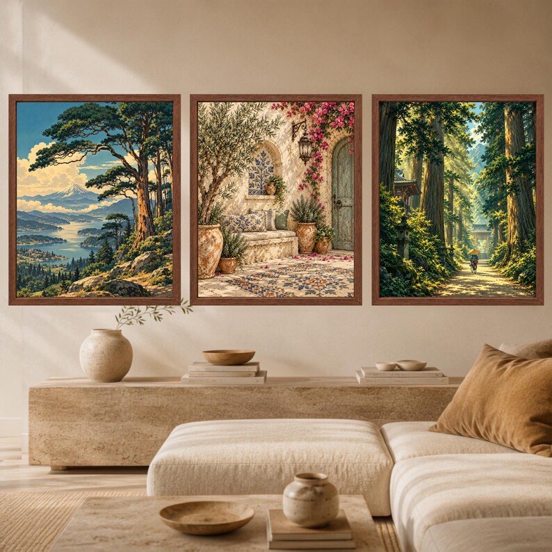 Kunstdruck „Mediterraner Olivenbaumhof“, Bougainvillea-Motiv im toskanischen Villenstil (Digitaler Download) Bild 9