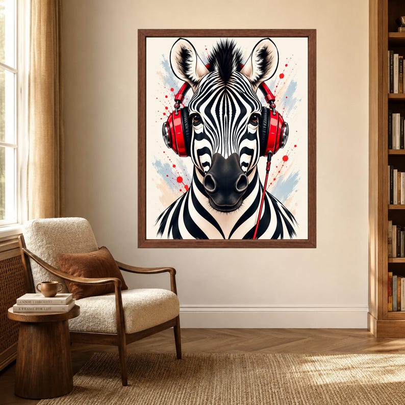 Zebra Headphones Wall Art, Funky Animal Music Print (Digital Download) image 3