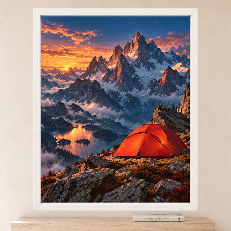 May include: A framed wall art print featuring a vibrant orange tent pitched on a rocky mountain ridge overlooking a serene lake. The background displays snow-capped mountain peaks under a dramatic sunset sky with clouds in shades of gold and blue.