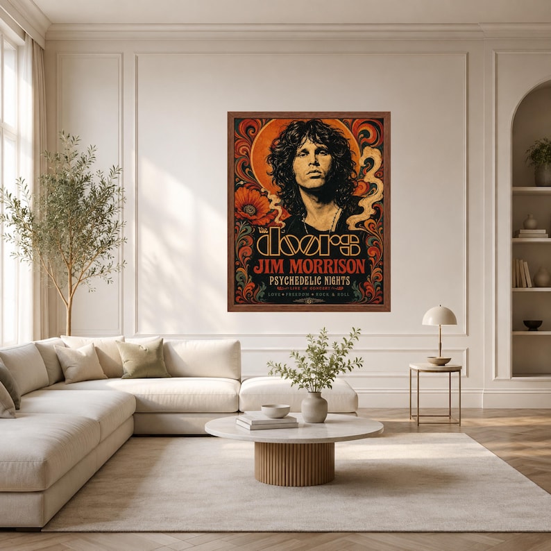 May include: A rectangular framed wall poster featuring a portrait of Jim Morrison with long dark hair. The artwork uses a warm color palette of orange, red, and black with swirling floral patterns and the text The Doors Jim Morrison Psychedelic Nights.