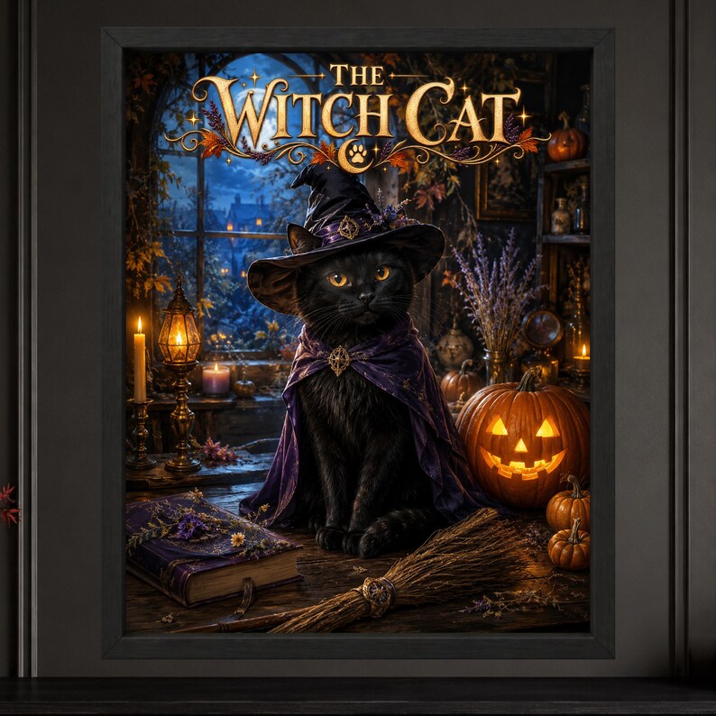 May include: A framed wall art print titled The Witch Cat featuring a black cat wearing a purple witch hat and cape. The scene includes a glowing jack-o'-lantern, a wooden broom, a vintage book, and lit candles in a dark, atmospheric room.