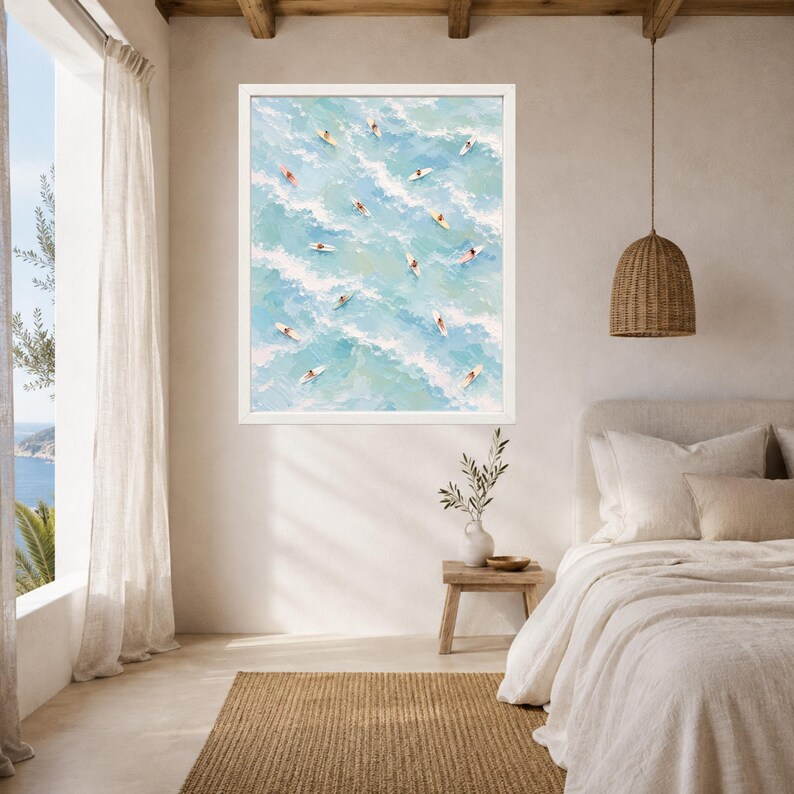 Aerial Surfers Ocean Print, Pastel Blue Coastal Art (Digital Download) image 5