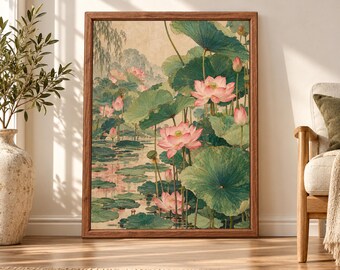 Japanese Lotus Pond Print, Vintage Botanical Poster, Japandi Floral Decor (Digital Download)
