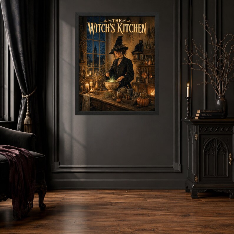 Może przedstawiać: Oprawiony wydruk artystyczny zatytułowany THE WITCH'S KITCHEN, przedstawiający osobę w czarnej sukni i spiczastym kapeluszu mieszającą świecący zielony kociołek w słabo oświetlonym pokoju ze świecami, dyniami i czarnym kotem na p&oacute;łce przy oknie.