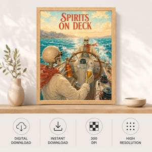 May include: A framed wall art print titled Spirits on Deck featuring two skeletons on a boat at sea. One skeleton steers the vessel while the other holds a glass bottle. The scene includes a blue ocean, a sunset sky, and nautical equipment.