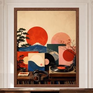 May include: A framed wall art print featuring a stylized landscape with a large red sun, a mountain, and a bonsai tree. The scene includes a turntable with a vinyl record, a pair of headphones, a cassette tape, and several square album covers.