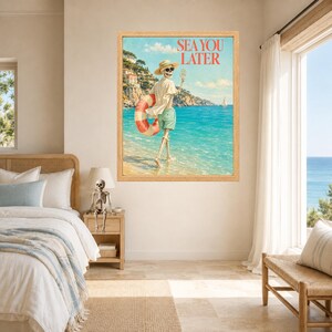 May include: A framed wall art print featuring a skeleton wearing a straw hat and sunglasses, walking into the ocean while carrying a red and white striped life preserver. The text SEA YOU LATER is printed in red at the top of the coastal scene.